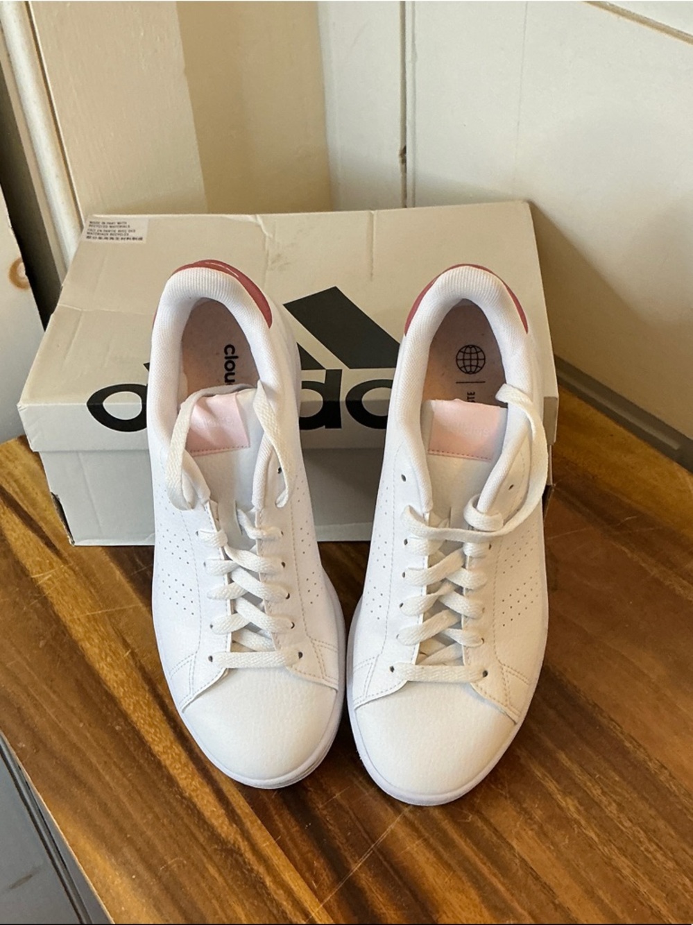 adidas White Advantage Sneakers with Pink Heel Accent